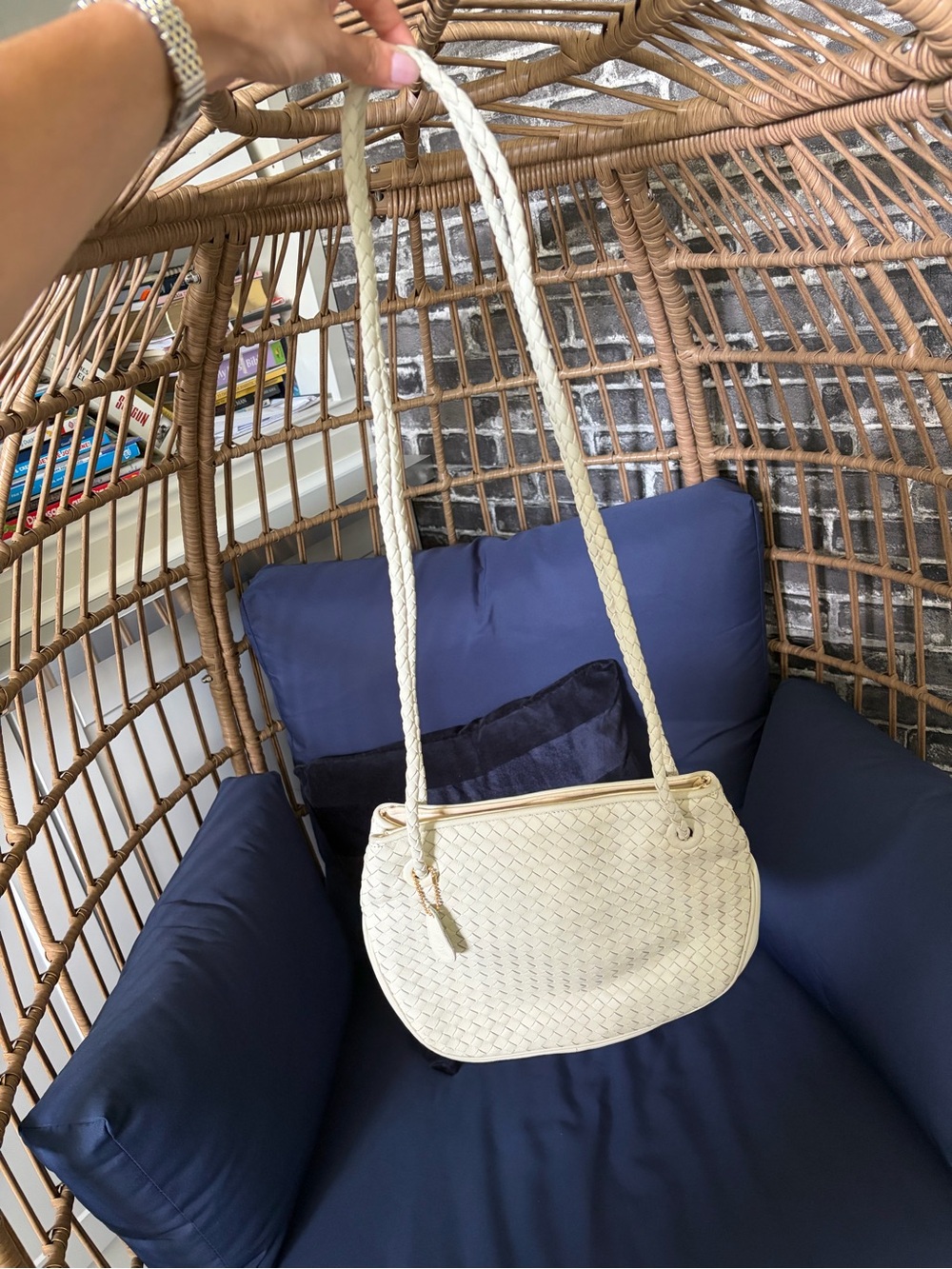 Woven Cream Shoulder Bag with Rope Strap